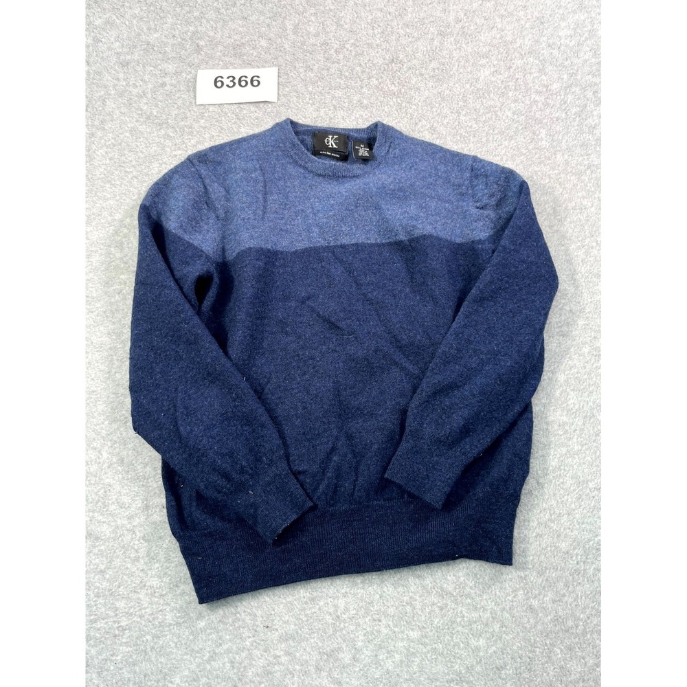 Calvin Klein Sweater Mens Medium Blue Tight Knit Extra Fine Wool Ribbed Hem